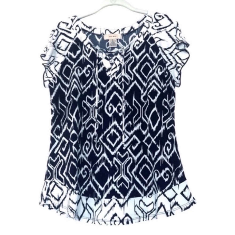 Diana Belle Ruffle Hem Boho Blouse Flutter Sleeve Colorblock Blue White Size M